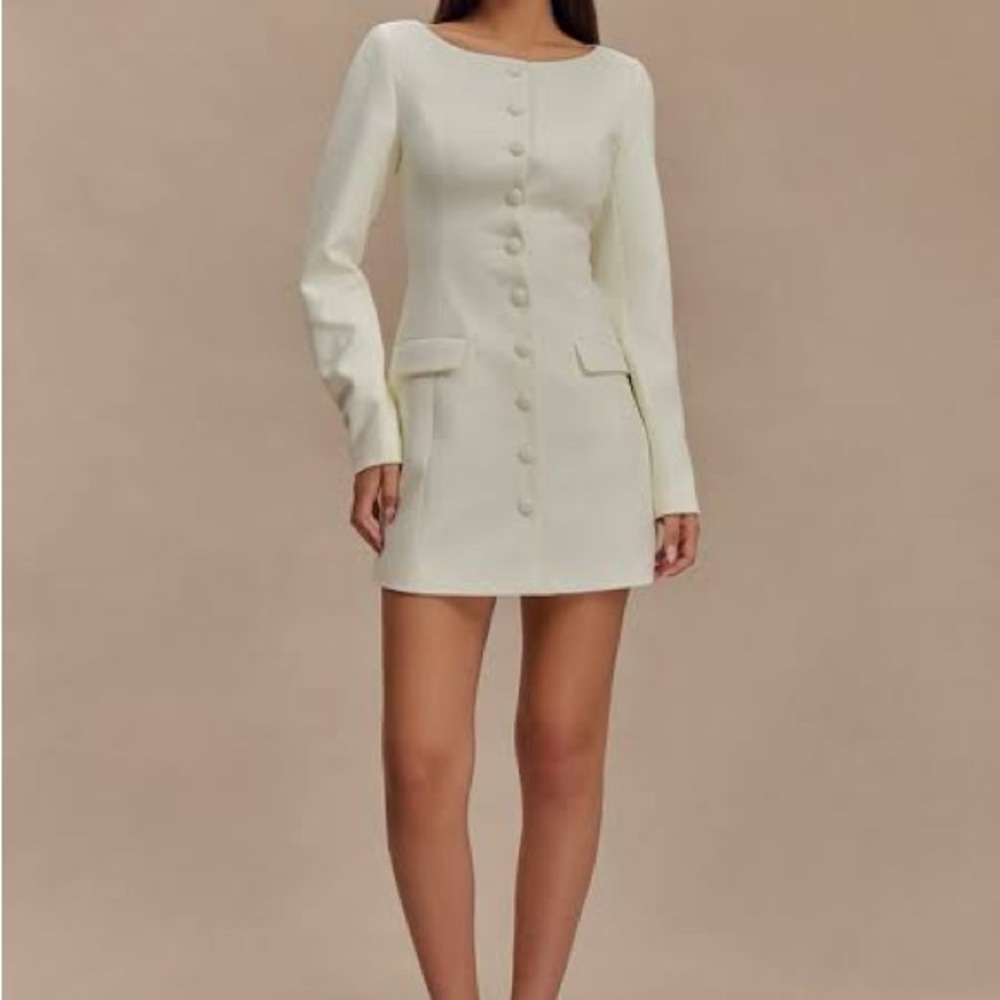 Jolie Boat Neck Suiting Mini Dress- Ivory - Picture 3 of 3